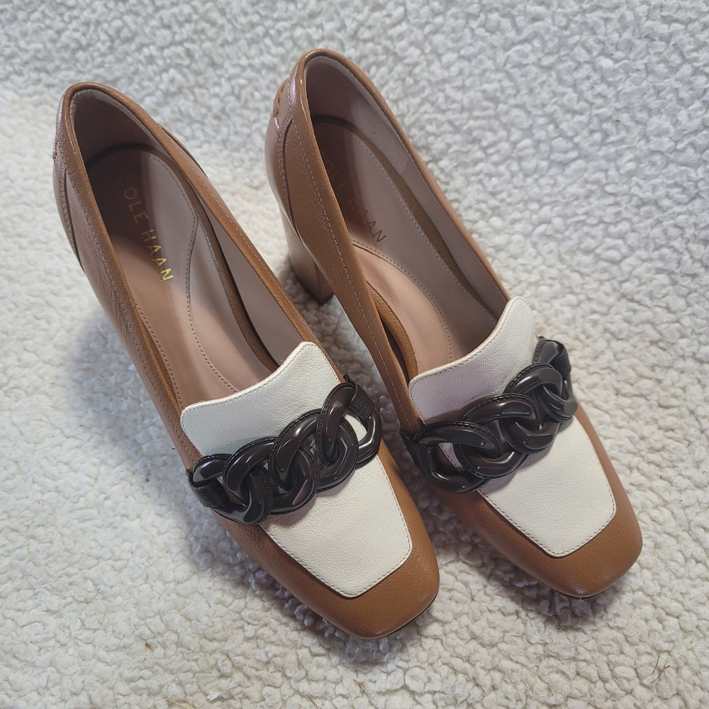 Cole Haan Womens Tan Cream Leather Chain Block Heel Loafers Pumps Size 8.5B